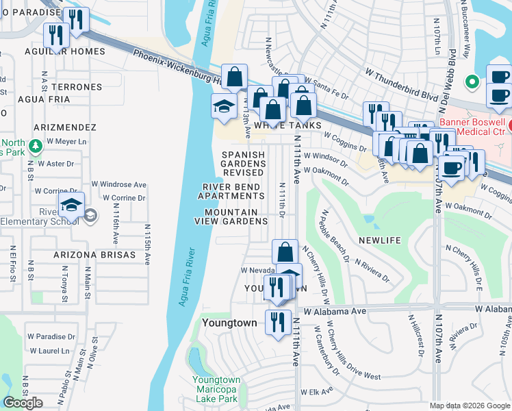 map of restaurants, bars, coffee shops, grocery stores, and more near 12643 North 113th Avenue in Youngtown