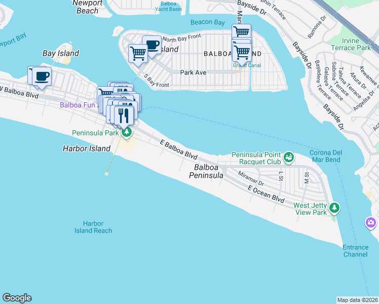 map of restaurants, bars, coffee shops, grocery stores, and more near 1206 East Balboa Boulevard in Newport Beach
