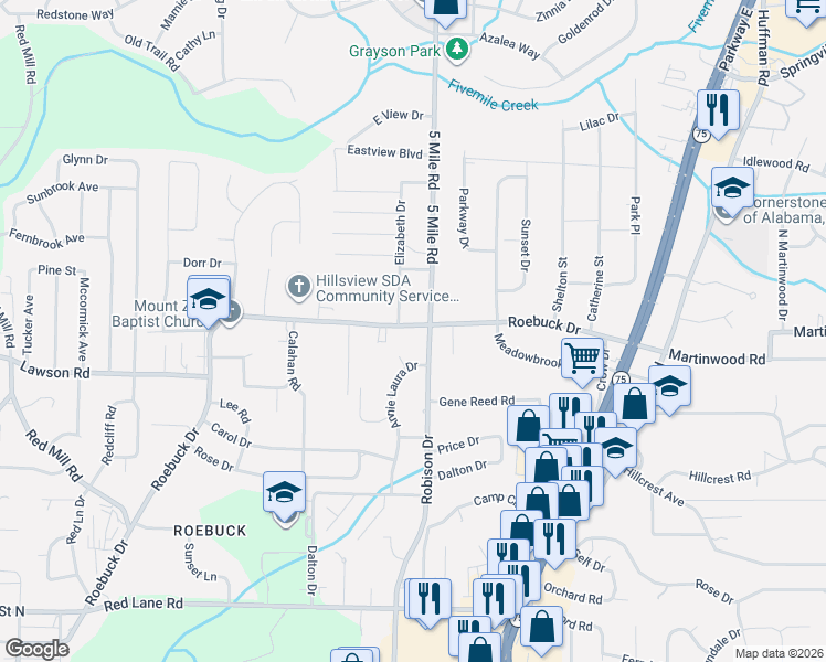 map of restaurants, bars, coffee shops, grocery stores, and more near 353 Roebuck Drive in Birmingham