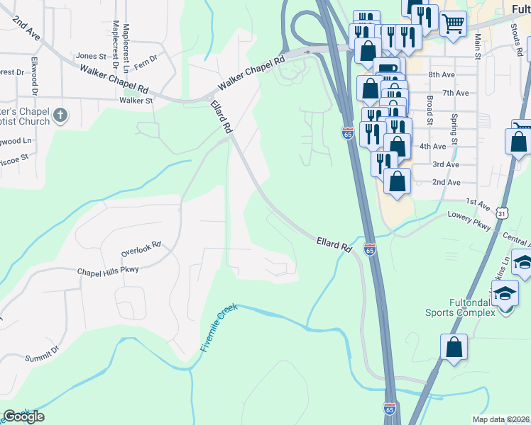 map of restaurants, bars, coffee shops, grocery stores, and more near 51 Chapel Creek Lane in Fultondale