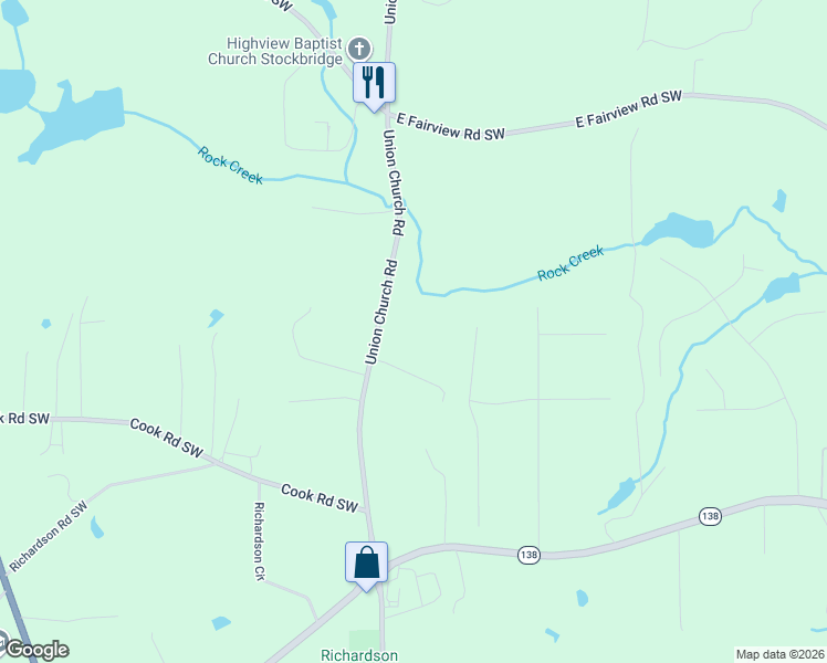 map of restaurants, bars, coffee shops, grocery stores, and more near 3300 Union Church Road in Stockbridge