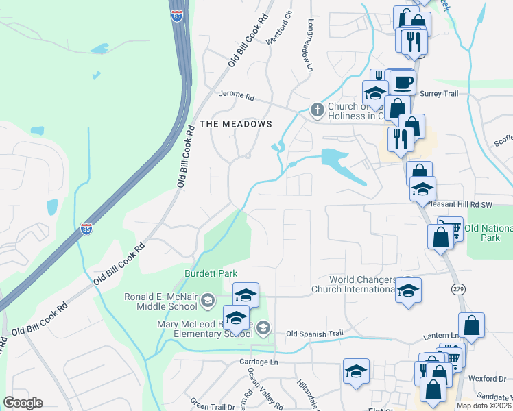 map of restaurants, bars, coffee shops, grocery stores, and more near 2825 East Hampton Court in College Park