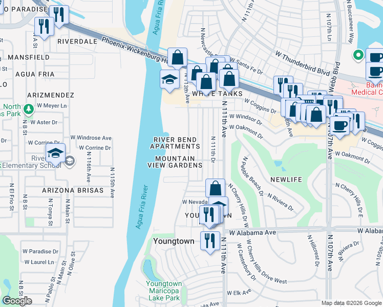 map of restaurants, bars, coffee shops, grocery stores, and more near 12642 North 113th Avenue in Youngtown