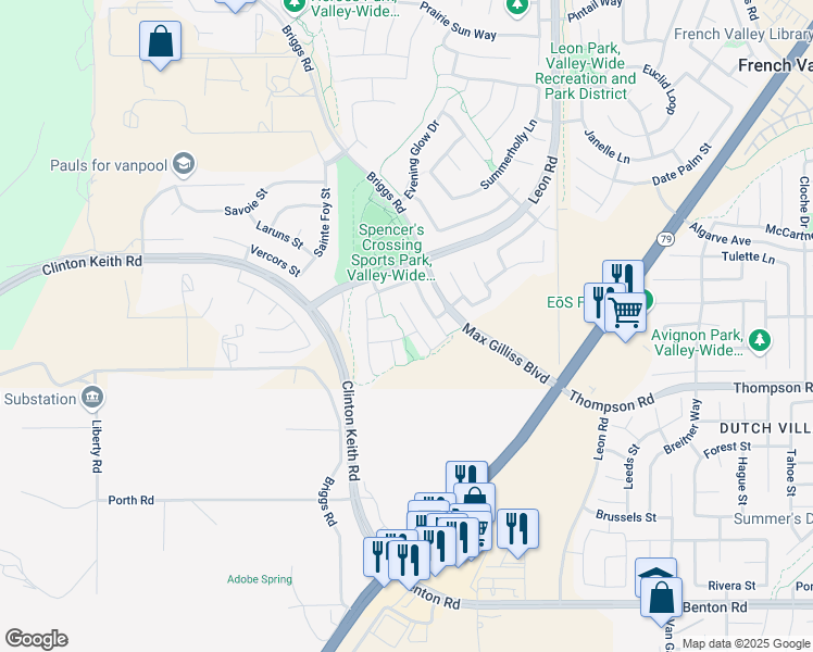 map of restaurants, bars, coffee shops, grocery stores, and more near 35821 Bobcat Way in Murrieta