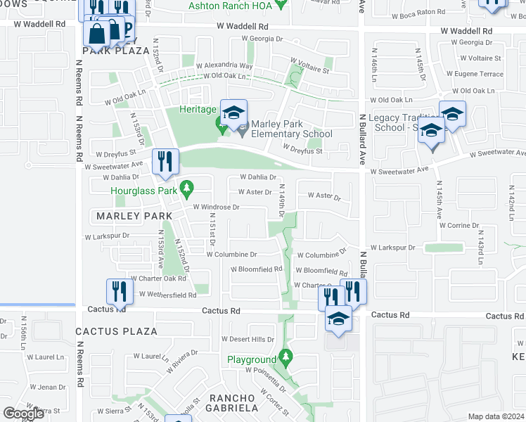 map of restaurants, bars, coffee shops, grocery stores, and more near 12744 North 149th Lane in Surprise