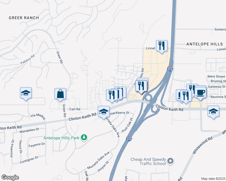map of restaurants, bars, coffee shops, grocery stores, and more near 27441 Charleston Court in Murrieta