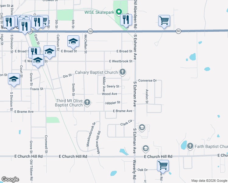 map of restaurants, bars, coffee shops, grocery stores, and more near 1001-1099 Wood Avenue in West Point