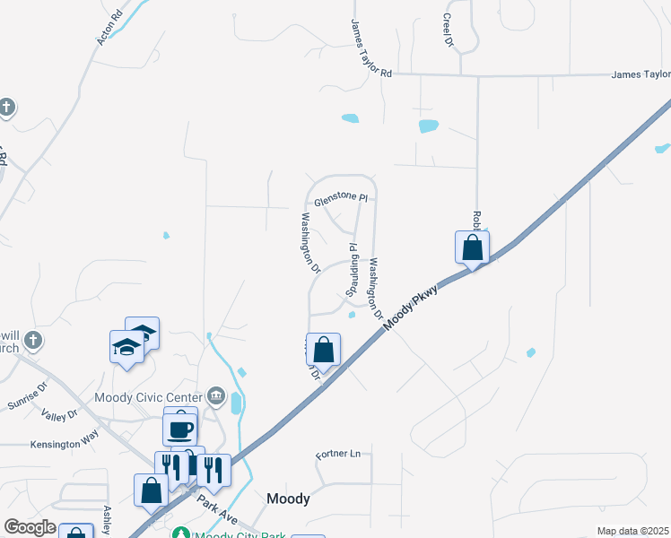 map of restaurants, bars, coffee shops, grocery stores, and more near 1136 Avalon Drive in Moody