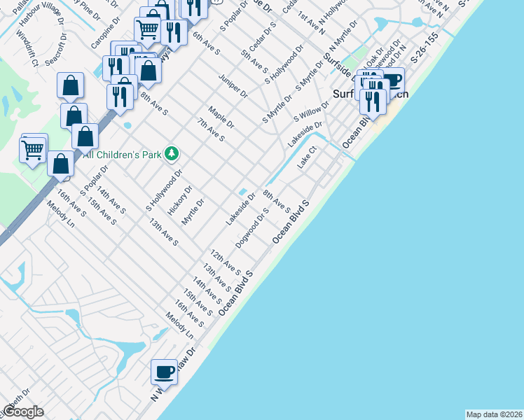 map of restaurants, bars, coffee shops, grocery stores, and more near 813 Dogwood Drive South in Myrtle Beach