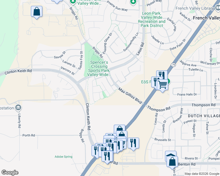 map of restaurants, bars, coffee shops, grocery stores, and more near 35858 Quail Run Street in Murrieta
