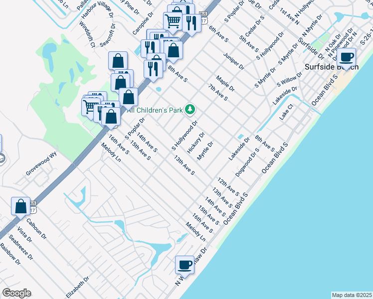 map of restaurants, bars, coffee shops, grocery stores, and more near 1028 Hickory Drive in Surfside Beach