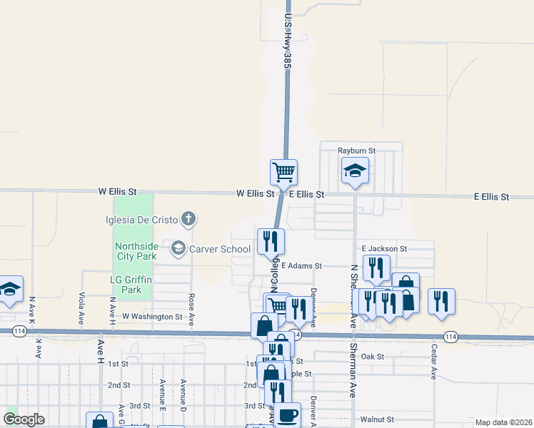 map of restaurants, bars, coffee shops, grocery stores, and more near 502-510 N College Ave in Levelland