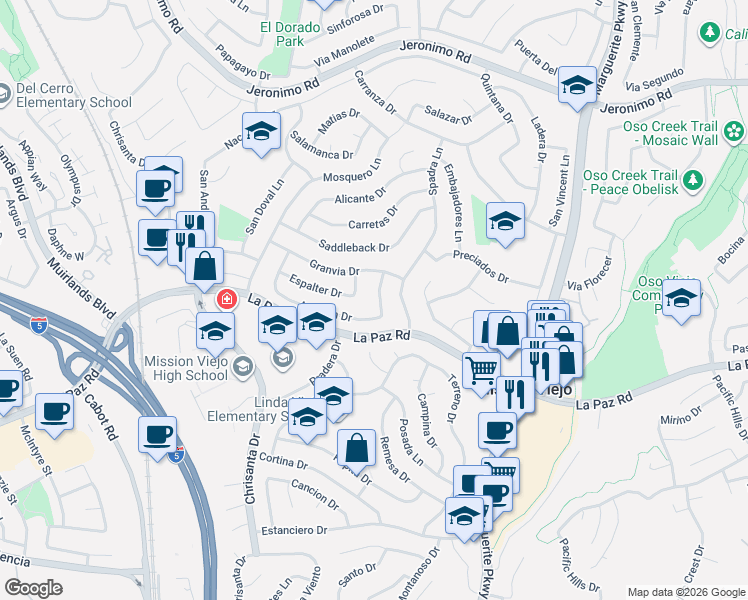 map of restaurants, bars, coffee shops, grocery stores, and more near 24981 Las Marias Lane in Mission Viejo
