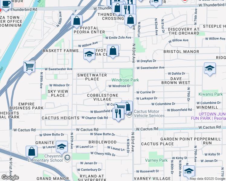 map of restaurants, bars, coffee shops, grocery stores, and more near 8408 West Corrine Drive in Peoria