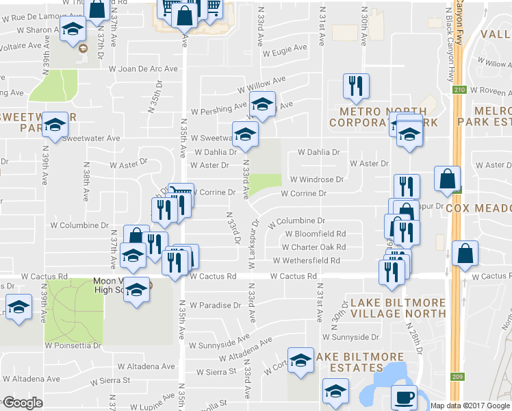 map of restaurants, bars, coffee shops, grocery stores, and more near 3257 West Corrine Drive in Phoenix