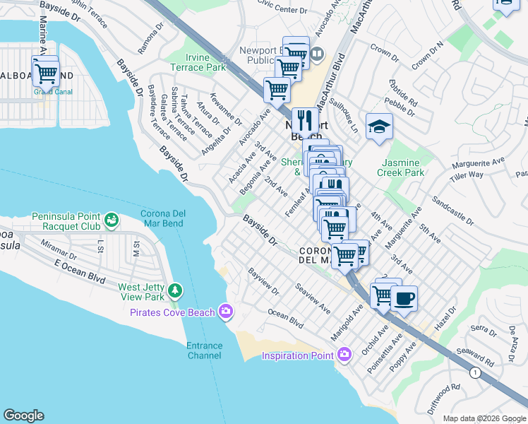 map of restaurants, bars, coffee shops, grocery stores, and more near 413 Dahlia Avenue in Newport Beach