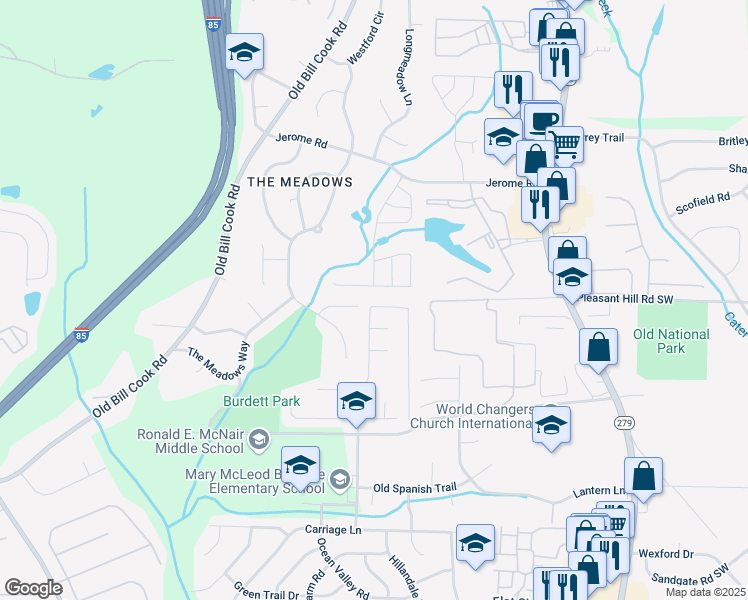 map of restaurants, bars, coffee shops, grocery stores, and more near 2997 Falling Water Point in College Park