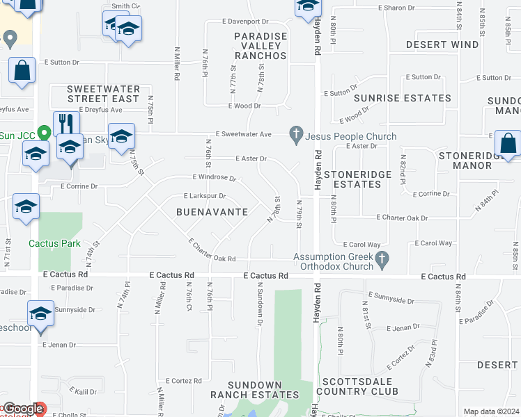 map of restaurants, bars, coffee shops, grocery stores, and more near 7735 East Windrose Drive in Scottsdale