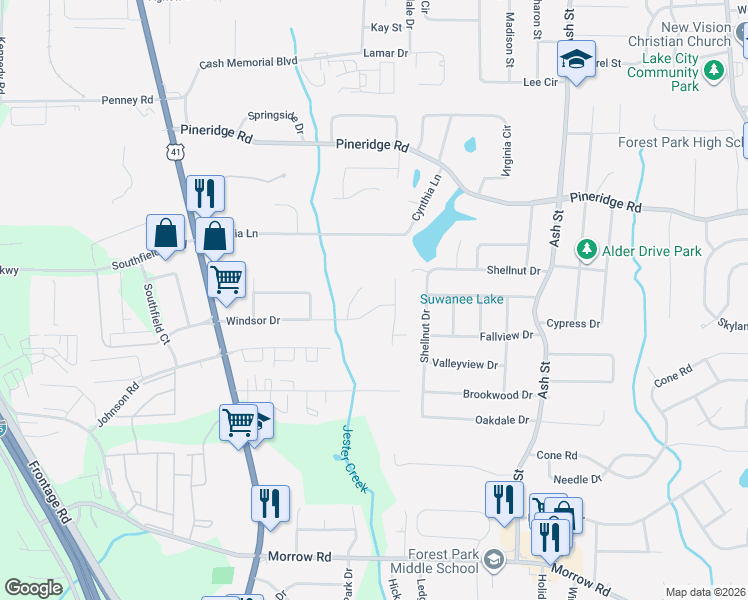map of restaurants, bars, coffee shops, grocery stores, and more near 562 Windsor Dr in Forest Park
