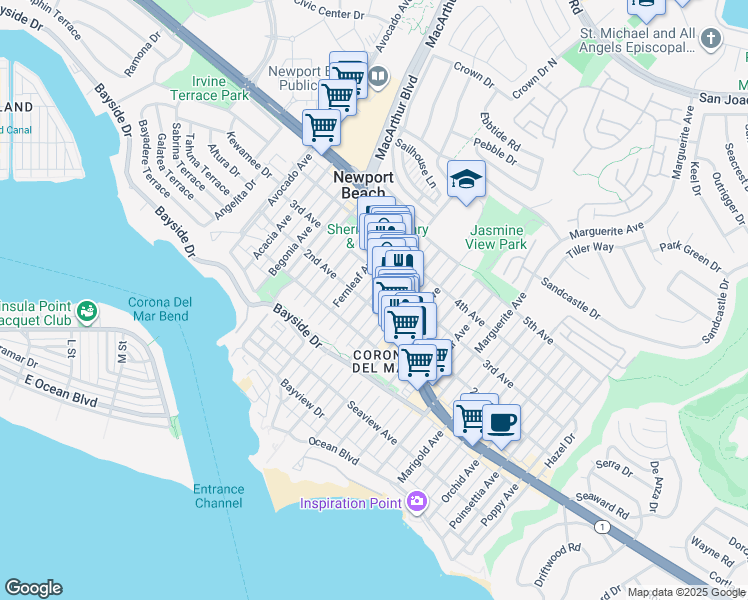 map of restaurants, bars, coffee shops, grocery stores, and more near 512 Goldenrod Avenue in Newport Beach