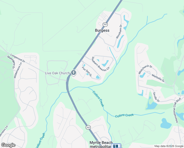 map of restaurants, bars, coffee shops, grocery stores, and more near 216 Fox Den Drive in Murrells Inlet