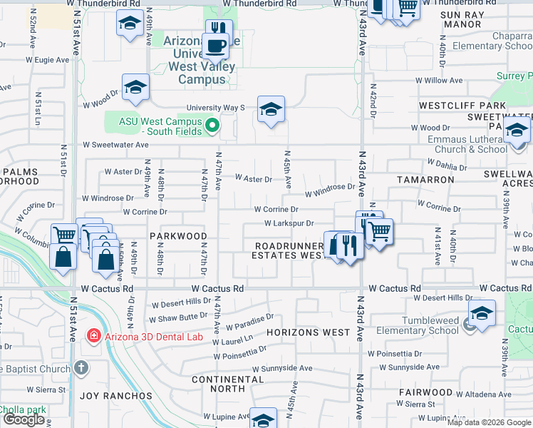 map of restaurants, bars, coffee shops, grocery stores, and more near 4525 West Corrine Drive in Glendale