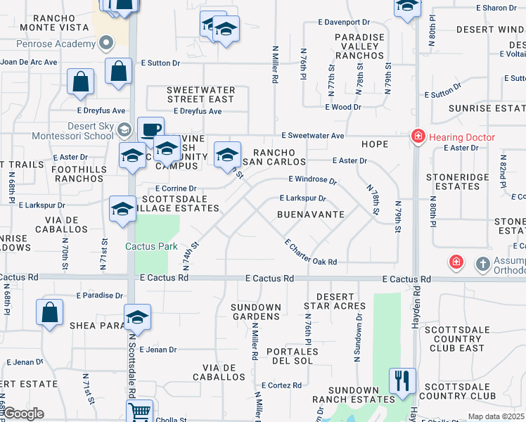 map of restaurants, bars, coffee shops, grocery stores, and more near 7513 East Larkspur Drive in Scottsdale