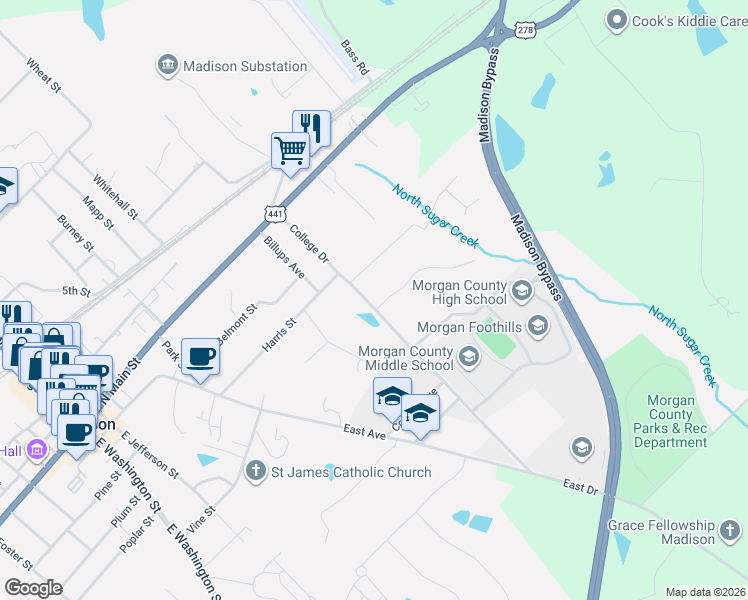 map of restaurants, bars, coffee shops, grocery stores, and more near 953 Saye Creek Drive in Madison
