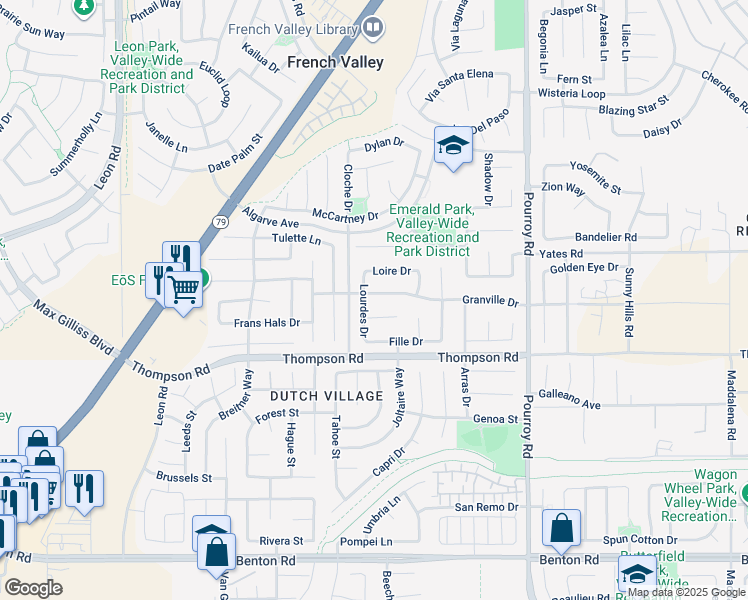 map of restaurants, bars, coffee shops, grocery stores, and more near 31599 Granville Drive in Winchester