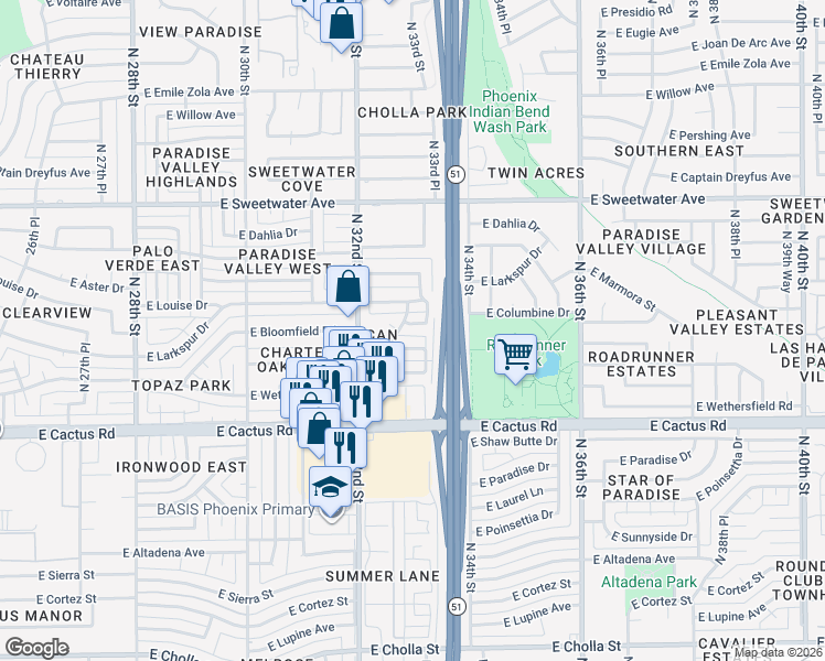 map of restaurants, bars, coffee shops, grocery stores, and more near 3309 E Columbine Dr in Phoenix