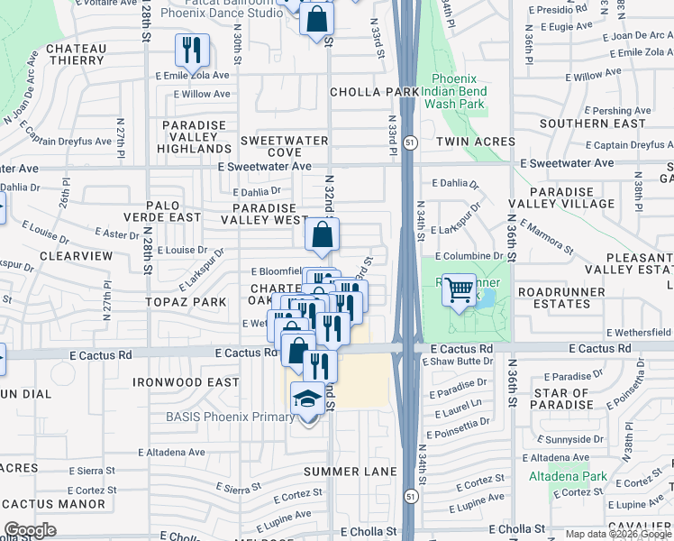 map of restaurants, bars, coffee shops, grocery stores, and more near 12439 North 32nd Street in Phoenix