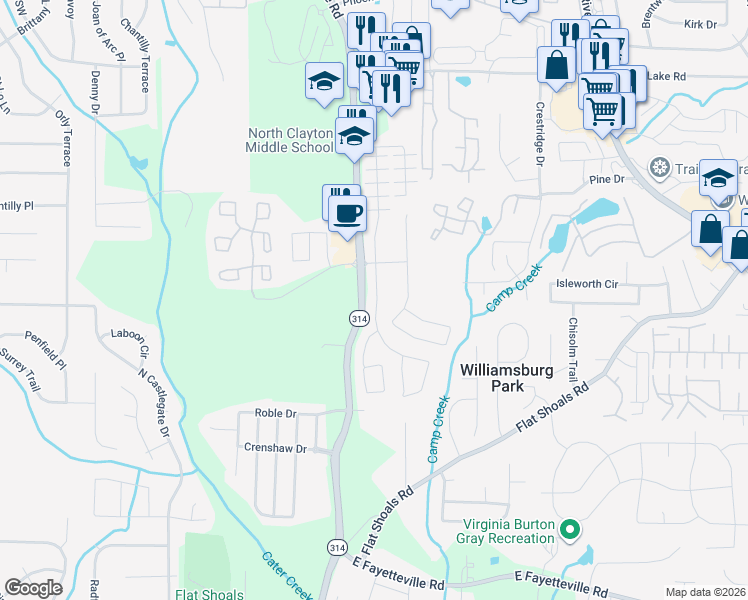 map of restaurants, bars, coffee shops, grocery stores, and more near 5689 Grande River Road in Atlanta