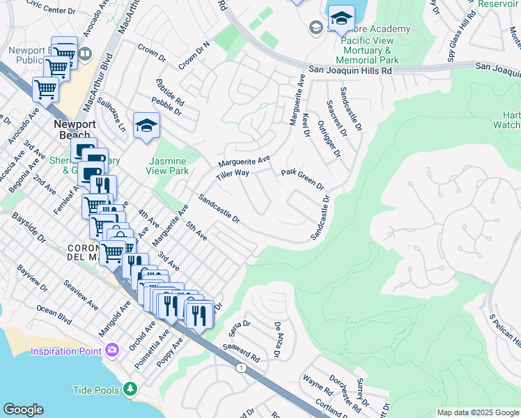 map of restaurants, bars, coffee shops, grocery stores, and more near 3620 Seabreeze Lane in Newport Beach