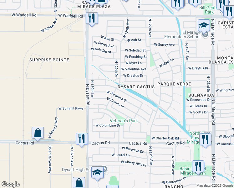 map of restaurants, bars, coffee shops, grocery stores, and more near 12874 West Windrose Drive in El Mirage