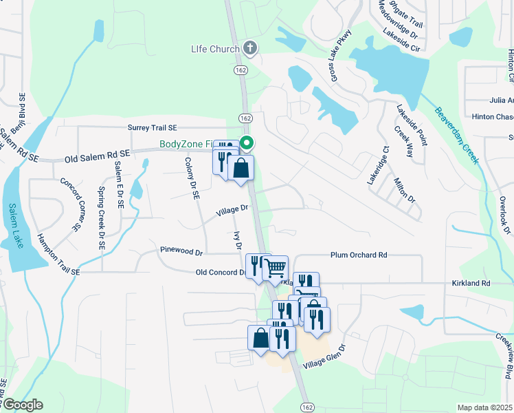 map of restaurants, bars, coffee shops, grocery stores, and more near 100 Salem Glen Way in Conyers