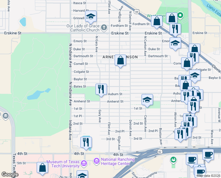 map of restaurants, bars, coffee shops, grocery stores, and more near 3009 Bates Street in Lubbock