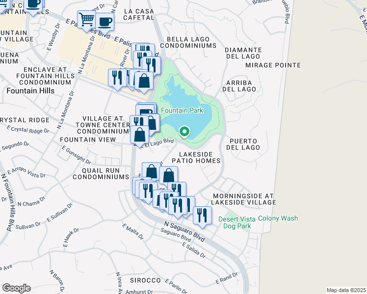 map of restaurants, bars, coffee shops, grocery stores, and more near 17031 East El Lago Boulevard in Fountain Hills