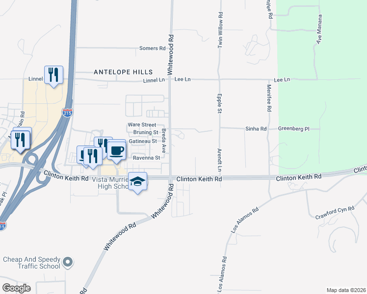 map of restaurants, bars, coffee shops, grocery stores, and more near 35824 Meadowlark Lane in Murrieta