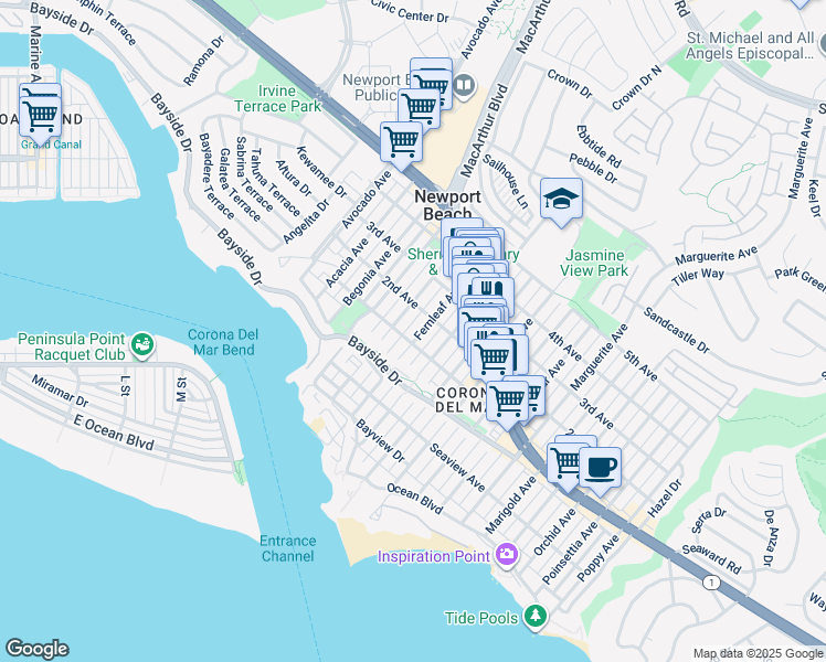 map of restaurants, bars, coffee shops, grocery stores, and more near 432 1/2 Fernleaf Avenue in Newport Beach