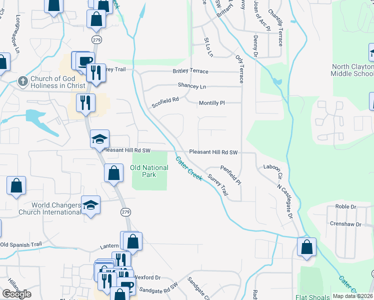 map of restaurants, bars, coffee shops, grocery stores, and more near 2280 Pleasant Hill Road Southwest in Atlanta