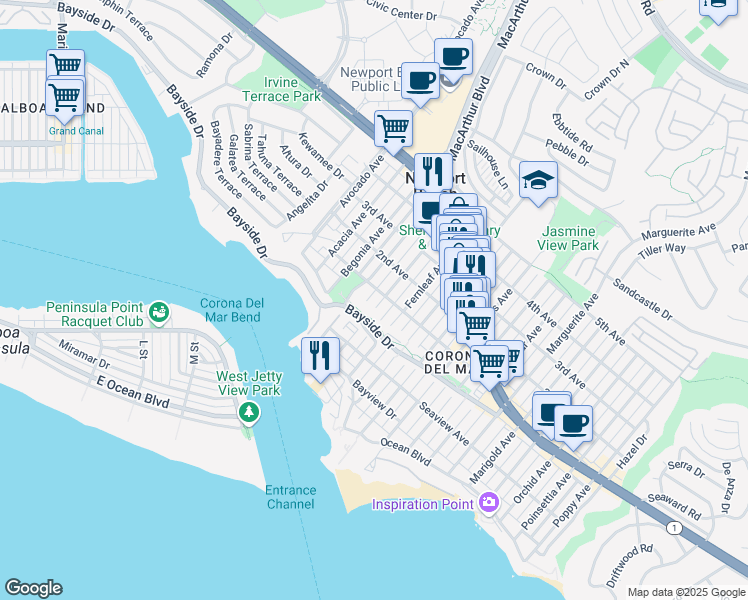 map of restaurants, bars, coffee shops, grocery stores, and more near 413 Dahlia Avenue in Newport Beach