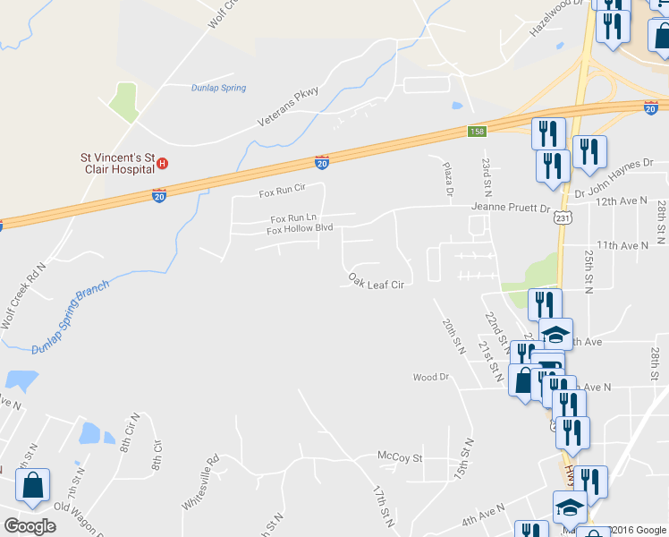 map of restaurants, bars, coffee shops, grocery stores, and more near 465 Oak Leaf Circle in Pell City