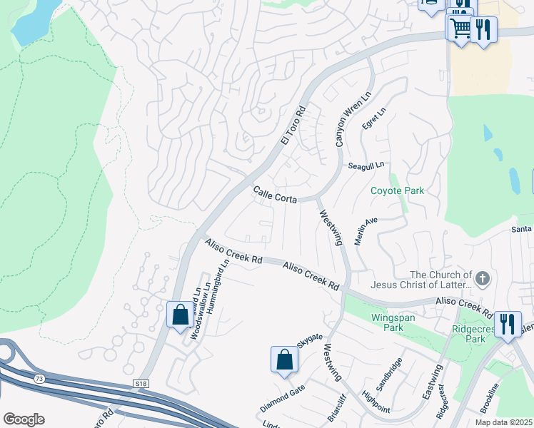 map of restaurants, bars, coffee shops, grocery stores, and more near 67 Whippoorwill Lane in Aliso Viejo