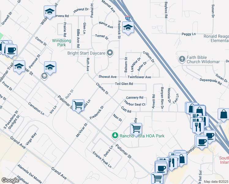map of restaurants, bars, coffee shops, grocery stores, and more near 35869 Frederick Street in Wildomar