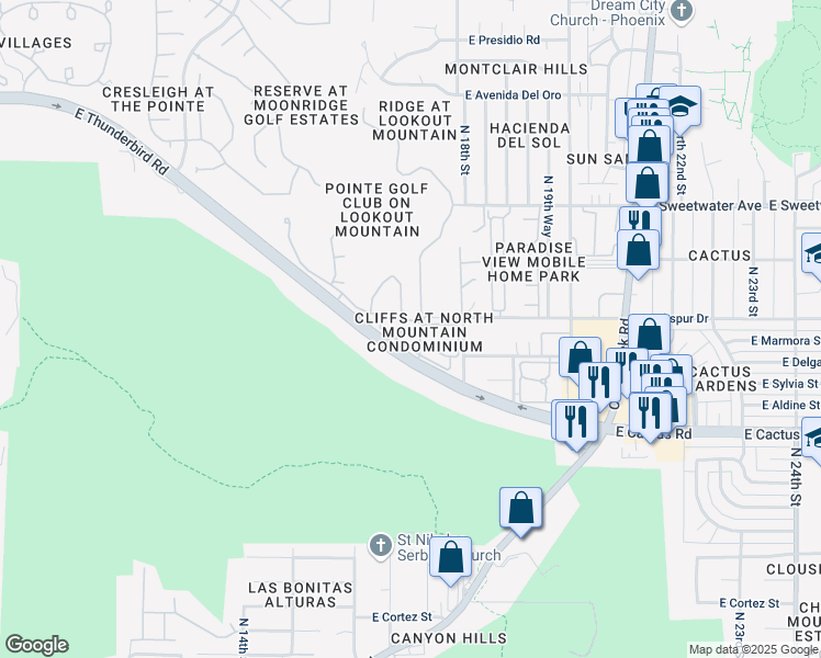 map of restaurants, bars, coffee shops, grocery stores, and more near 1720 East Thunderbird Road in Phoenix