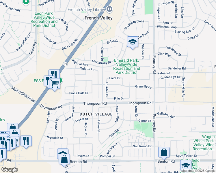map of restaurants, bars, coffee shops, grocery stores, and more near 31587 Granville Drive in Winchester