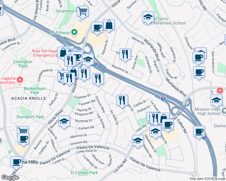 map of restaurants, bars, coffee shops, grocery stores, and more near 24955 Wells Fargo Drive in Laguna Hills