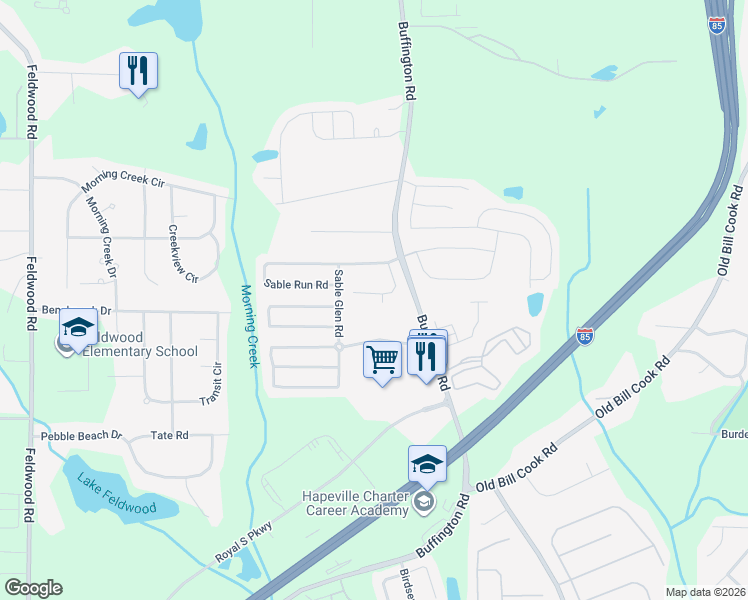 map of restaurants, bars, coffee shops, grocery stores, and more near 610 Sable View Lane in Atlanta