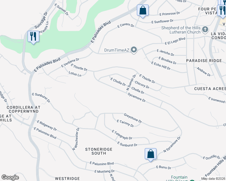 map of restaurants, bars, coffee shops, grocery stores, and more near 15529 Sycamore Drive in Fountain Hills