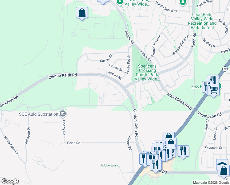 map of restaurants, bars, coffee shops, grocery stores, and more near 30360 Laviste Court in Murrieta